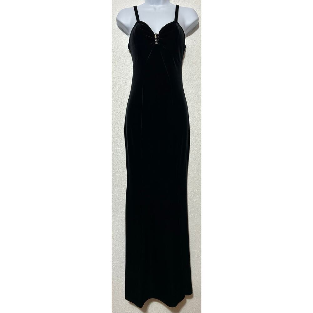 Vintage PiaUSA Velour Maxi Dress Size XS S Black 90s Prom Rhinestones Whimsigoth